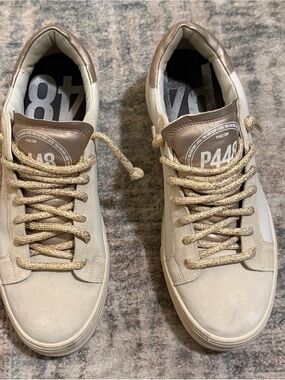 P448 White Gold Metallic Leather Suede Sneakers Women’s Size 11 EU 42 Low Top